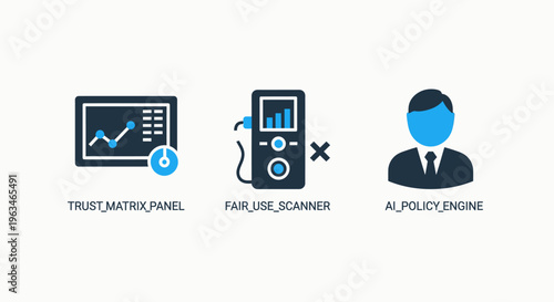 Data analytics and risk management icons showing a trust matrix panel, hardware scanner, and AI policy engine for enterprise business intelligence and security solutions