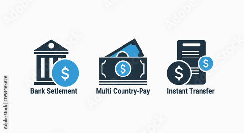 Financial transaction icons including bank settlement, multi-country payment, and instant transfer symbols for global commerce and fintech banking services in a modern blue vector graphic set