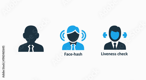 Biometric security icons set featuring face hash algorithm and liveness detection verification technology for secure user authentication systems and digital identity access control solutions vector gr