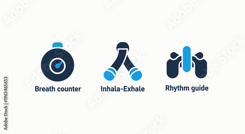 Breathing exercise and respiratory rhythm guide icons including breath counter and inhale exhale cycles for meditation apps or wellness tracking technology digital health UI elements vector set