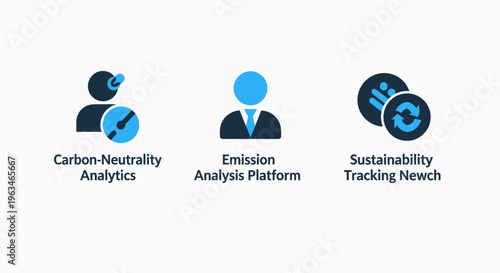 Sustainability analytics and carbon neutrality tracking platform icons featuring emission analysis tools and environmental impact monitoring technology for corporate esg reporting software vector set