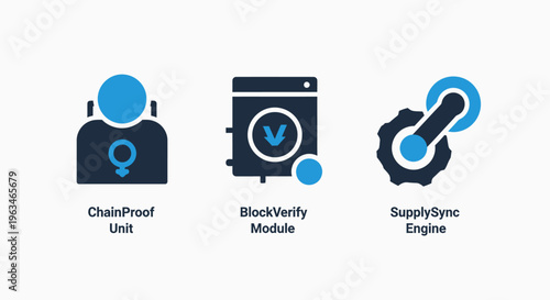 Blockchain verification and supply chain sync engine icons featuring chainproof unit technology for secure data modules and distributed ledger systems digital infrastructure vector icon set