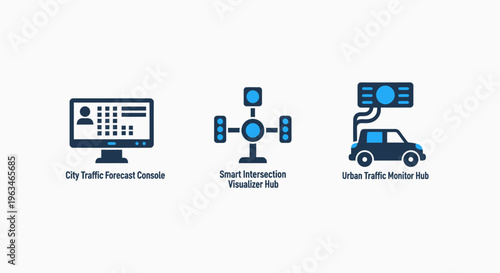 Smart city digital infrastructure and urban traffic monitoring system icons, network connectivity, traffic flow optimization and data tracking technology vectors for intelligent urban planning concept