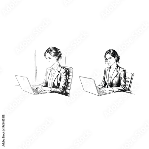 Two women sitting at desks with laptops in a minimalist office setting