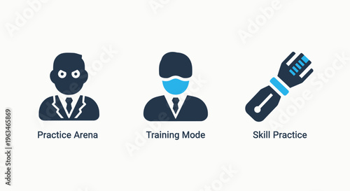 Skill development and professional training mode icons including practice arena and skill practice for e-learning and employee coaching platforms in a minimalist flat vector graphic design style