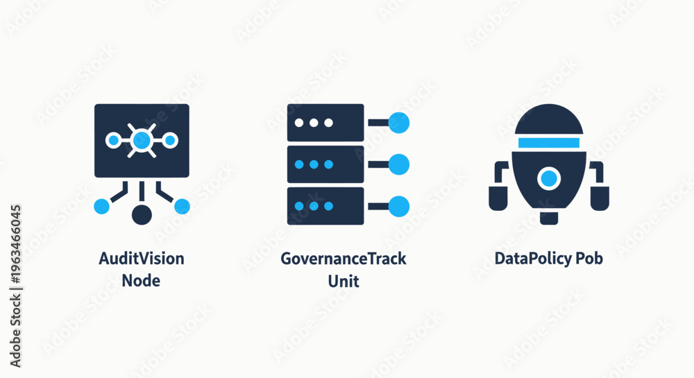 Fototapeta premium Digital infrastructure and data governance icons representing network nodes server management and policy control units isolated on white background