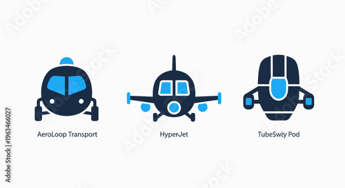 Innovative aviation and personal travel vehicle icons featuring futuristic aircraft designs for modern aerospace concepts isolated on white background
