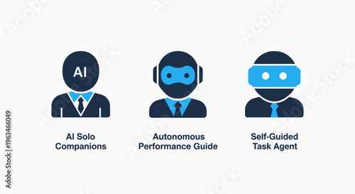 Artificial intelligence consultant and assistant icons representing autonomous virtual guides and digital companions for technology solutions