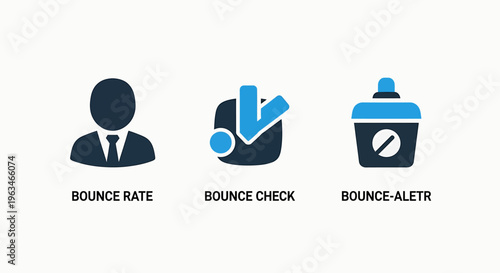 Digital marketing metrics icon set including bounce rate indicator, bounce check verification and alert notification for website traffic analysis and user engagement performance monitoring