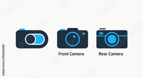 Set of camera interface and smartphone device icons featuring front camera switch and rear sensor for mobile photography app development and hardware technology user interface design