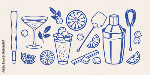 Blue line art illustration of cocktail making tools and citrus fruits