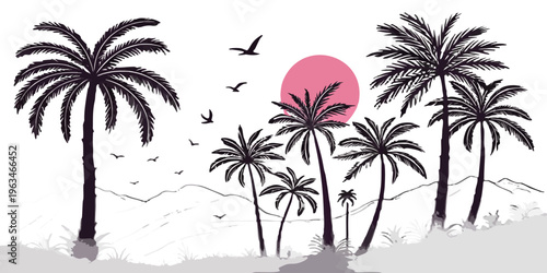 Tropical landscape with palm tree silhouettes and pink sun at sunset