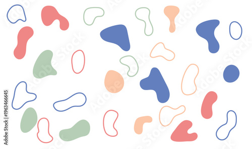 Pastel Colorful Abstract Organic Shapes Pattern on White Background, Modern Playful Blob and Amoeba Forms in Soft Blue Green Pink Orange, Fun Minimalist Design 