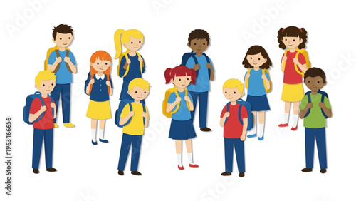 School Friends Assemble: A vibrant illustration showcasing a diverse group of students, backpacks at the ready, gathered together to start a new day of learning. Capturing the spirit of education.