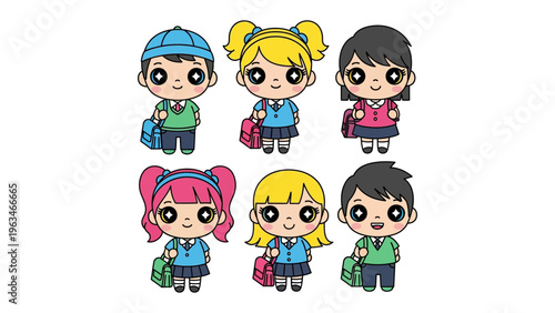 School Time Dreamers: Delightful cartoon students, each with unique features, stand ready for the school day with backpacks, representing the spirit of learning, adventure, and camaraderie.