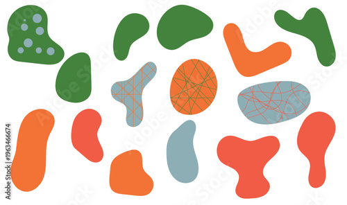 Colorful Abstract Organic Shapes Pattern on White Background, Modern Playful Amoeba Blob Forms in Green Orange Blue, Fun Geometric Design 