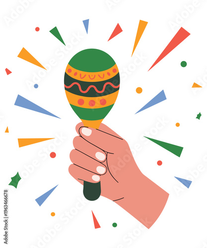 Hand holding colorful maraca with festive confetti traditional Mexican music celebration flat illustration