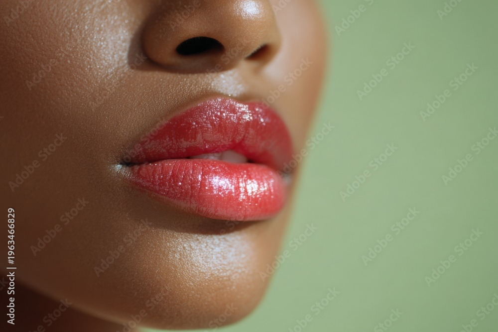 Naklejka premium Female african young adult closeup shiny coral red lips with dewy skin and soft green background beauty detail