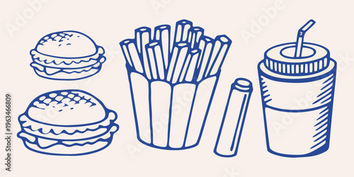 Hand drawn illustration of burgers french fries and a drink bottle