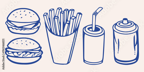 A simple blue line drawing of a burger fries drink and condiments