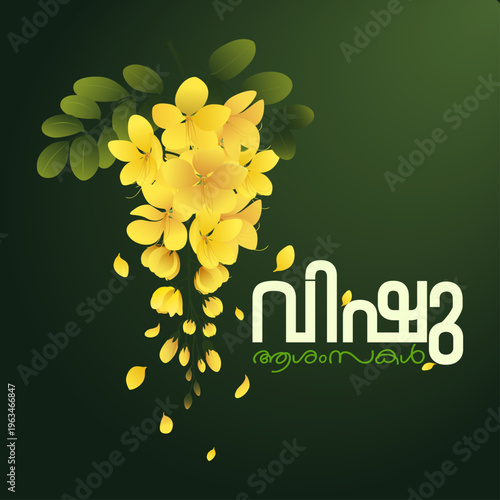 Vishu Ashamsakal Greeting with Kanikkonna Flowers, Yellow Golden Shower Tree Blossoms Vector Illustration