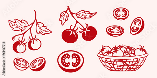 Red tomato illustrations with leaves vines and a wicker basket arrangement