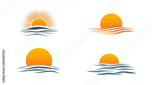 Four stylized sunset illustrations. Orange suns above wavy lines, some with rays. White background