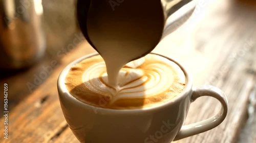 Barista pouring steamed milk into a cup of coffee to create latte art.
