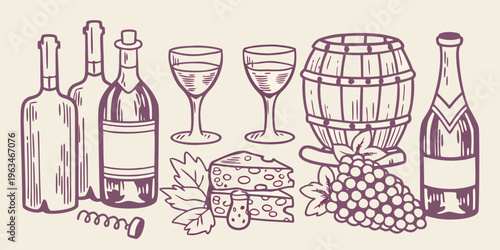 A sketched still life featuring wine bottles glasses cheese and grapes