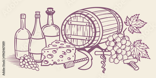 Wine cheese and grapes a sketched still life composition