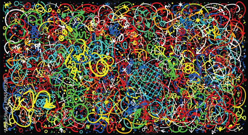 Vibrant Abstract Chaotic Doodles with Arrows and Circles on Black