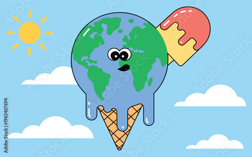 Melting Earth Planet as Ice Cream Cone in Sky with Sun and Clouds Environmental Concern