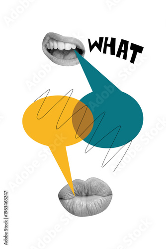 Vertical photo collage of faceless mouth speak colorful bubble communication what talk dialogue lips isolated on painted background