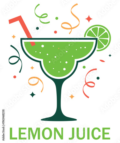 Green Margarita Cocktail with Lime Garnish and Confetti Party Celebration Drink Flat Vector Illustration
