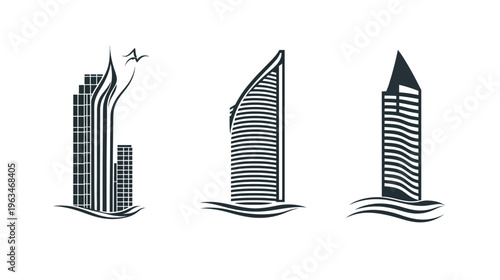 Three stylized architectural illustrations on a white background, featuring modern high-rise buildings