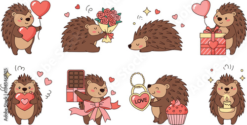 Adorable Hedgehog with Valentine Gifts Icon Set Featuring Heart Balloons, Flowers, Chocolates, and Love-Themed Presents