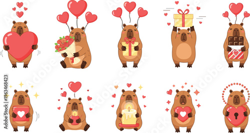 Adorable Bear with Valentine’s Day Gifts Icon Set, Featuring Hearts, Flowers, and Sweet Love-Themed Gestures.