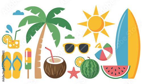 Flat Style Summer Beach Illustration with Palm Tree, Sun, Sunglasses, Flip-Flops, Coconut, Ice Lolly, Beach Ball, Surfboard, Starfish, Watermelon, Cocktail, and Lemonade