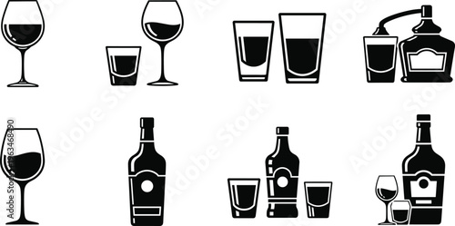 Alcohol Drink Icons Set with Wine Glasses, Whiskey Bottles, and Shot Glasses for Bar, Pub, and Beverage Illustrations.