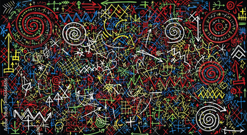 Chaotic abstract doodle pattern with colorful scribbles and symbols  abstract, doodle