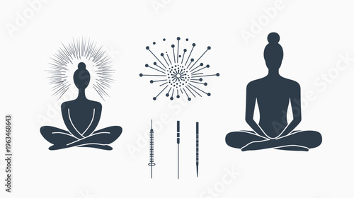 Black graphic depicting silhouettes of meditating figure, celestial explosion, and acupuncture needles