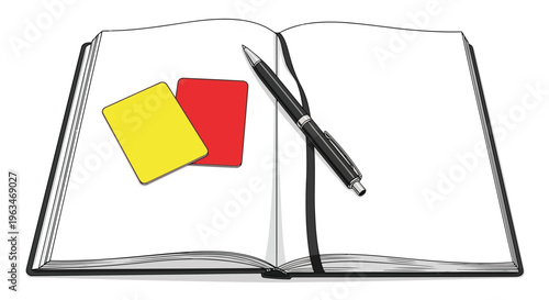 Open Notebook with Yellow and Red Cards and Pen blank pages