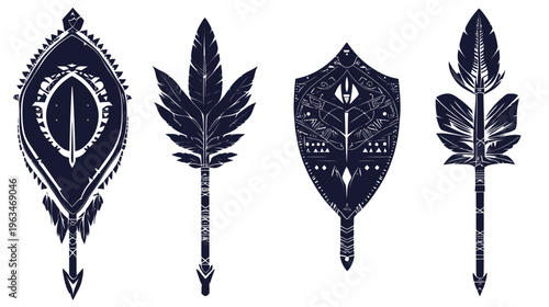 Four stylized dark blue tribal symbols on a white background, with different shapes and details