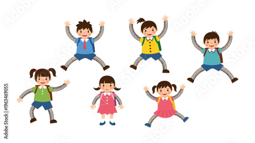 Joyful school kids: A group of excited kids is jumping in the air in the image of joyfull and ready for adventures. capturing the pure joy and cheerful children ready for new adventure