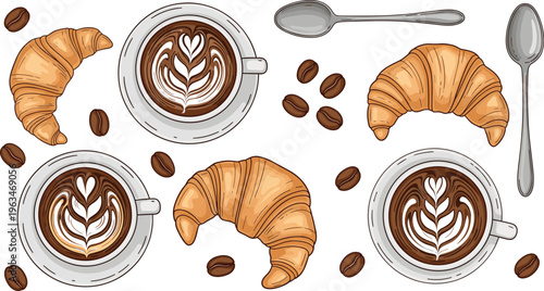 Coffee Cups with Latte Art, Croissants, Coffee Beans, and Spoons for Elegant Breakfast, Café, and Gourmet Coffee Illustrations