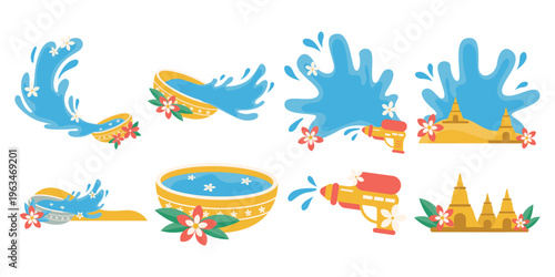 Songkran festival celebration with water splash, bowl, flower, water festival and party. Vector isolated