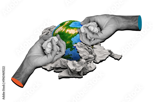 Εκτύπωση καμβά Creative collage planet earth pollution 3d hands body fragment trash mess clean