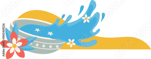 Songkran festival celebration with water splash, bowl, flower, water festival and party. Vector isolated