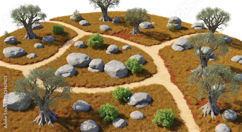 Isometric Mediterranean landscape vector with olive trees and dirt paths, dry grassy terrain with grey boulders and rocks, rural countryside environment for game design isolated PNG with