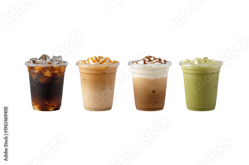 Refreshing iced coffee and matcha beverages in plastic cups